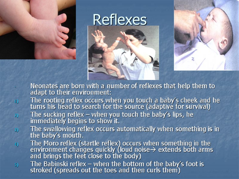 Reflexes   Neonates are born with a number of reflexes that help them